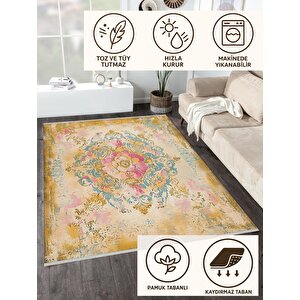 Pamuk Tabanlı Kaymaz Halı – Bej; Pembe; Sarı; Mavi – Oriental Desen, Makinede Yıkanabilir, Kolay Temizlenebilir, Toz Ve Tüy Tutmaz, Evcil Hayvan Dostu