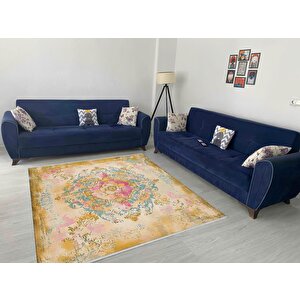 Pamuk Tabanlı Kaymaz Halı – Bej; Pembe; Sarı; Mavi – Oriental Desen, Makinede Yıkanabilir, Kolay Temizlenebilir, Toz Ve Tüy Tutmaz, Evcil Hayvan Dostu