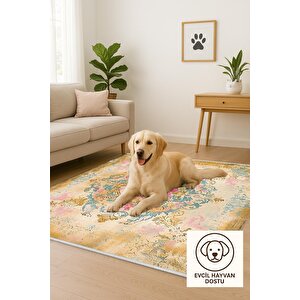 Pamuk Tabanlı Kaymaz Halı – Bej; Pembe; Sarı; Mavi – Oriental Desen, Makinede Yıkanabilir, Kolay Temizlenebilir, Toz Ve Tüy Tutmaz, Evcil Hayvan Dostu