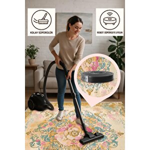 Pamuk Tabanlı Kaymaz Halı – Bej; Pembe; Sarı; Mavi – Oriental Desen, Makinede Yıkanabilir, Kolay Temizlenebilir, Toz Ve Tüy Tutmaz, Evcil Hayvan Dostu