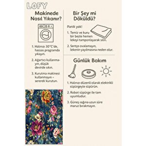 Pamuk Dokuma Taban Halı – Lacivert; Pembe; Sarı; Yeşil – Çiçek Desen, Makinede Yıkanabilir, Kolay Temizlenebilir, Toz Ve Tüy Tutmaz, Kaymaz, Evcil Hayvan Dostu