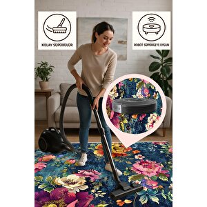 Pamuk Dokuma Taban Halı – Lacivert; Pembe; Sarı; Yeşil – Çiçek Desen, Makinede Yıkanabilir, Kolay Temizlenebilir, Toz Ve Tüy Tutmaz, Kaymaz, Evcil Hayvan Dostu