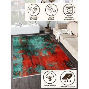 Pamuk Tabanlı Kaymaz Halı – Kırmızı; Yeşil; Siyah – Soyut Desen, Makinede Yıkanabilir, Kolay Temizlenebilir, Toz Ve Tüy Tutmaz, Evcil Hayvan Dostu 160x230 cm