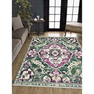 Pamuk Tabanlı Kaymaz Halı – Yeşil; Mor; Krem – Oriental Desen, Pamuk Dokuma Taban, Makinede Yıkanabilir, Kolay Temizlenebilir, Toz Ve Tüy Tutmaz, Kaymaz, Evcil Hayvan Dostu 150x300 cm