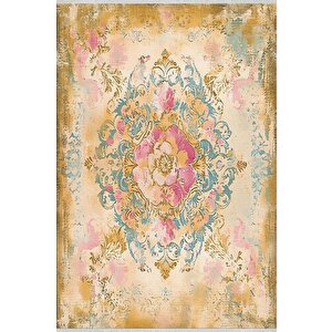 Pamuk Tabanlı Kaymaz Halı – Bej; Pembe; Sarı; Mavi – Oriental Desen, Makinede Yıkanabilir, Kolay Temizlenebilir, Toz Ve Tüy Tutmaz, Evcil Hayvan Dostu 80x150 cm