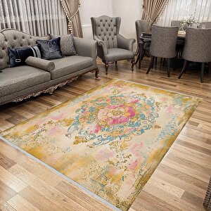 Pamuk Tabanlı Kaymaz Halı – Bej; Pembe; Sarı; Mavi – Oriental Desen, Makinede Yıkanabilir, Kolay Temizlenebilir, Toz Ve Tüy Tutmaz, Evcil Hayvan Dostu 80x150 cm