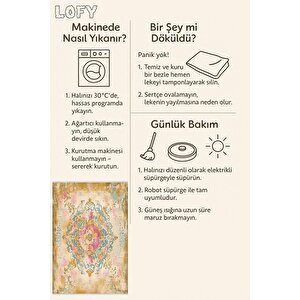 Pamuk Tabanlı Kaymaz Halı – Bej; Pembe; Sarı; Mavi – Oriental Desen, Makinede Yıkanabilir, Kolay Temizlenebilir, Toz Ve Tüy Tutmaz, Evcil Hayvan Dostu