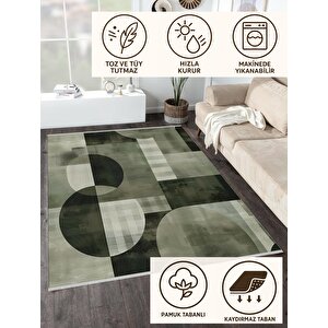 Pamuk Dokuma Taban Halı – Yeşil; Siyah; Bej – Geometrik Desen, Makinede Yıkanabilir, Kolay Temizlenebilir, Toz Ve Tüy Tutmaz, Kaymaz, Evcil Hayvan Dostu