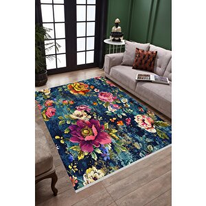 Pamuk Dokuma Taban Halı – Lacivert; Pembe; Sarı; Yeşil – Çiçek Desen, Makinede Yıkanabilir, Kolay Temizlenebilir, Toz Ve Tüy Tutmaz, Kaymaz, Evcil Hayvan Dostu 150x150 cm