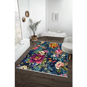 Pamuk Dokuma Taban Halı – Lacivert; Pembe; Sarı; Yeşil – Çiçek Desen, Makinede Yıkanabilir, Kolay Temizlenebilir, Toz Ve Tüy Tutmaz, Kaymaz, Evcil Hayvan Dostu 150x150 cm