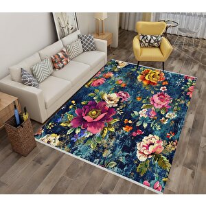 Pamuk Dokuma Taban Halı – Lacivert; Pembe; Sarı; Yeşil – Çiçek Desen, Makinede Yıkanabilir, Kolay Temizlenebilir, Toz Ve Tüy Tutmaz, Kaymaz, Evcil Hayvan Dostu