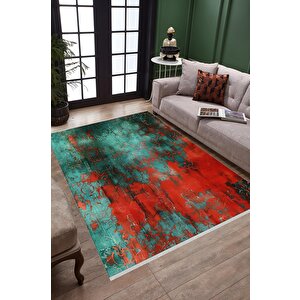 Pamuk Tabanlı Kaymaz Halı – Kırmızı; Yeşil; Siyah – Soyut Desen, Makinede Yıkanabilir, Kolay Temizlenebilir, Toz Ve Tüy Tutmaz, Evcil Hayvan Dostu 160x350 cm