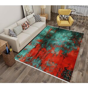 Pamuk Tabanlı Kaymaz Halı – Kırmızı; Yeşil; Siyah – Soyut Desen, Makinede Yıkanabilir, Kolay Temizlenebilir, Toz Ve Tüy Tutmaz, Evcil Hayvan Dostu