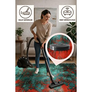 Pamuk Tabanlı Kaymaz Halı – Kırmızı; Yeşil; Siyah – Soyut Desen, Makinede Yıkanabilir, Kolay Temizlenebilir, Toz Ve Tüy Tutmaz, Evcil Hayvan Dostu