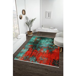 Pamuk Tabanlı Kaymaz Halı – Kırmızı; Yeşil; Siyah – Soyut Desen, Makinede Yıkanabilir, Kolay Temizlenebilir, Toz Ve Tüy Tutmaz, Evcil Hayvan Dostu