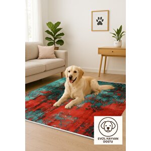 Pamuk Tabanlı Kaymaz Halı – Kırmızı; Yeşil; Siyah – Soyut Desen, Makinede Yıkanabilir, Kolay Temizlenebilir, Toz Ve Tüy Tutmaz, Evcil Hayvan Dostu