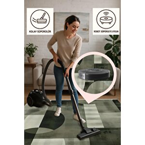 Pamuk Dokuma Taban Halı – Yeşil; Siyah; Bej – Geometrik Desen, Makinede Yıkanabilir, Kolay Temizlenebilir, Toz Ve Tüy Tutmaz, Kaymaz, Evcil Hayvan Dostu 200x220 cm