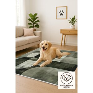 Pamuk Dokuma Taban Halı – Yeşil; Siyah; Bej – Geometrik Desen, Makinede Yıkanabilir, Kolay Temizlenebilir, Toz Ve Tüy Tutmaz, Kaymaz, Evcil Hayvan Dostu 200x220 cm