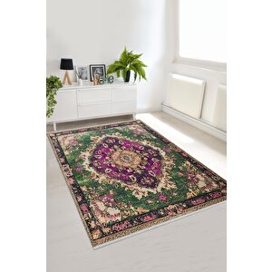 Pamuk Tabanlı Kaymaz Halı – Yeşil; Mor; Krem – Oriental Desen, Pamuk Dokuma Taban, Makinede Yıkanabilir, Kolay Temizlenebilir, Toz Ve Tüy Tutmaz, Kaymaz, Evcil Hayvan Dostu 180x200 cm