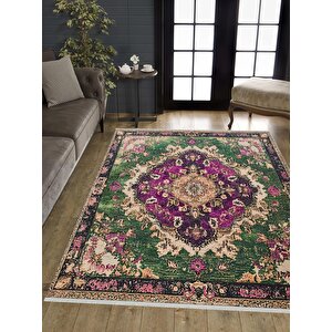 Pamuk Tabanlı Kaymaz Halı – Yeşil; Mor; Krem – Oriental Desen, Pamuk Dokuma Taban, Makinede Yıkanabilir, Kolay Temizlenebilir, Toz Ve Tüy Tutmaz, Kaymaz, Evcil Hayvan Dostu 180x200 cm