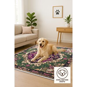 Pamuk Tabanlı Kaymaz Halı – Yeşil; Mor; Krem – Oriental Desen, Pamuk Dokuma Taban, Makinede Yıkanabilir, Kolay Temizlenebilir, Toz Ve Tüy Tutmaz, Kaymaz, Evcil Hayvan Dostu