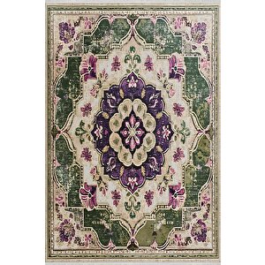 Pamuk Tabanlı Kaymaz Halı – Yeşil; Mor; Bej – Oriental Desen, Makinede Yıkanabilir, Kolay Temizlenebilir, Toz Ve Tüy Tutmaz, Evcil Hayvan Dostu 150x150 cm