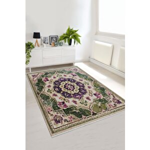 Pamuk Tabanlı Kaymaz Halı – Yeşil; Mor; Bej – Oriental Desen, Makinede Yıkanabilir, Kolay Temizlenebilir, Toz Ve Tüy Tutmaz, Evcil Hayvan Dostu 150x150 cm
