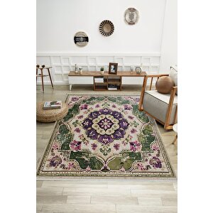 Pamuk Tabanlı Kaymaz Halı – Yeşil; Mor; Bej – Oriental Desen, Makinede Yıkanabilir, Kolay Temizlenebilir, Toz Ve Tüy Tutmaz, Evcil Hayvan Dostu 150x150 cm