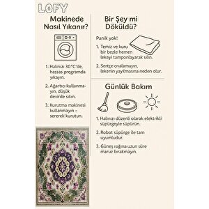 Pamuk Tabanlı Kaymaz Halı – Yeşil; Mor; Bej – Oriental Desen, Makinede Yıkanabilir, Kolay Temizlenebilir, Toz Ve Tüy Tutmaz, Evcil Hayvan Dostu