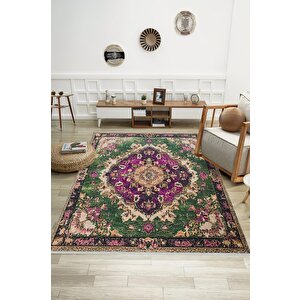 Pamuk Tabanlı Kaymaz Halı – Yeşil; Mor; Krem – Oriental Desen, Pamuk Dokuma Taban, Makinede Yıkanabilir, Kolay Temizlenebilir, Toz Ve Tüy Tutmaz, Kaymaz, Evcil Hayvan Dostu