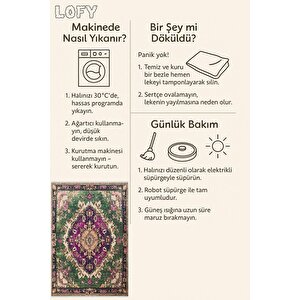 Pamuk Tabanlı Kaymaz Halı – Yeşil; Mor; Krem – Oriental Desen, Pamuk Dokuma Taban, Makinede Yıkanabilir, Kolay Temizlenebilir, Toz Ve Tüy Tutmaz, Kaymaz, Evcil Hayvan Dostu