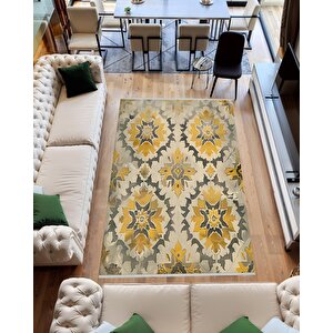 Pamuk Tabanlı Kaymaz Halı – Sarı; Gri; Bej – Soyut Desen, Makinede Yıkanabilir, Kolay Temizlenebilir, Toz Ve Tüy Tutmaz, Evcil Hayvan Dostu 80x150 cm