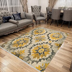 Pamuk Tabanlı Kaymaz Halı – Sarı; Gri; Bej – Soyut Desen, Makinede Yıkanabilir, Kolay Temizlenebilir, Toz Ve Tüy Tutmaz, Evcil Hayvan Dostu 80x150 cm