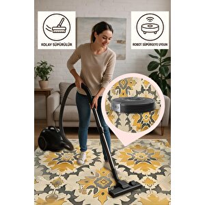 Pamuk Tabanlı Kaymaz Halı – Sarı; Gri; Bej – Soyut Desen, Makinede Yıkanabilir, Kolay Temizlenebilir, Toz Ve Tüy Tutmaz, Evcil Hayvan Dostu