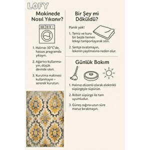 Pamuk Tabanlı Kaymaz Halı – Sarı; Gri; Bej – Soyut Desen, Makinede Yıkanabilir, Kolay Temizlenebilir, Toz Ve Tüy Tutmaz, Evcil Hayvan Dostu