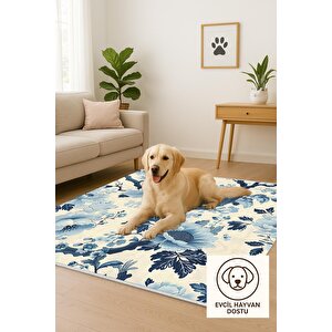Pamuk Dokuma Taban Halı – Mavi; Lacivert; Bej – Floral Desen, Makinede Yıkanabilir, Kolay Temizlenebilir, Toz Ve Tüy Tutmaz, Kaymaz, Evcil Hayvan Dostu