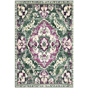Pamuk Tabanlı Kaymaz Halı – Yeşil; Mor; Krem – Oriental Desen, Pamuk Dokuma Taban, Makinede Yıkanabilir, Kolay Temizlenebilir, Toz Ve Tüy Tutmaz, Kaymaz, Evcil Hayvan Dostu 120x180 cm