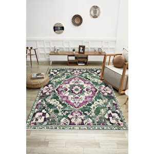 Pamuk Tabanlı Kaymaz Halı – Yeşil; Mor; Krem – Oriental Desen, Pamuk Dokuma Taban, Makinede Yıkanabilir, Kolay Temizlenebilir, Toz Ve Tüy Tutmaz, Kaymaz, Evcil Hayvan Dostu 120x180 cm