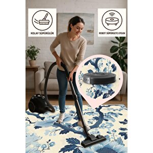 Pamuk Dokuma Taban Halı – Mavi; Lacivert; Bej – Floral Desen, Makinede Yıkanabilir, Kolay Temizlenebilir, Toz Ve Tüy Tutmaz, Kaymaz, Evcil Hayvan Dostu 80x150 cm