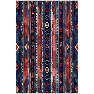 Pamuk Tabanlı Kaymaz Halı – Kırmızı; Lacivert; Bej – Etnik Desen, Makinede Yıkanabilir, Kolay Temizlenebilir, Toz Ve Tüy Tutmaz, Evcil Hayvan Dostu 120x270 cm