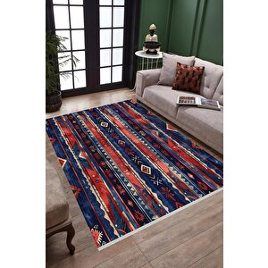 Pamuk Tabanlı Kaymaz Halı – Kırmızı; Lacivert; Bej – Etnik Desen, Makinede Yıkanabilir, Kolay Temizlenebilir, Toz Ve Tüy Tutmaz, Evcil Hayvan Dostu 120x270 cm