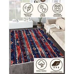 Pamuk Tabanlı Kaymaz Halı – Kırmızı; Lacivert; Bej – Etnik Desen, Makinede Yıkanabilir, Kolay Temizlenebilir, Toz Ve Tüy Tutmaz, Evcil Hayvan Dostu 120x270 cm