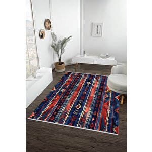 Pamuk Tabanlı Kaymaz Halı – Kırmızı; Lacivert; Bej – Etnik Desen, Makinede Yıkanabilir, Kolay Temizlenebilir, Toz Ve Tüy Tutmaz, Evcil Hayvan Dostu