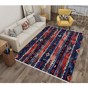 Pamuk Tabanlı Kaymaz Halı – Kırmızı; Lacivert; Bej – Etnik Desen, Makinede Yıkanabilir, Kolay Temizlenebilir, Toz Ve Tüy Tutmaz, Evcil Hayvan Dostu