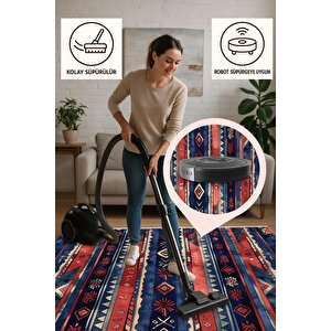 Pamuk Tabanlı Kaymaz Halı – Kırmızı; Lacivert; Bej – Etnik Desen, Makinede Yıkanabilir, Kolay Temizlenebilir, Toz Ve Tüy Tutmaz, Evcil Hayvan Dostu