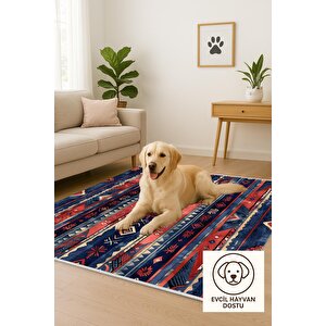 Pamuk Tabanlı Kaymaz Halı – Kırmızı; Lacivert; Bej – Etnik Desen, Makinede Yıkanabilir, Kolay Temizlenebilir, Toz Ve Tüy Tutmaz, Evcil Hayvan Dostu