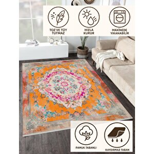 Pamuk Tabanlı Kaymaz Halı – Turuncu; Pembe; Mavi; Krem – Oriental Desen, Makinede Yıkanabilir, Kolay Temizlenebilir, Toz Ve Tüy Tutmaz, Evcil Hayvan Dostu
