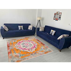 Pamuk Tabanlı Kaymaz Halı – Turuncu; Pembe; Mavi; Krem – Oriental Desen, Makinede Yıkanabilir, Kolay Temizlenebilir, Toz Ve Tüy Tutmaz, Evcil Hayvan Dostu