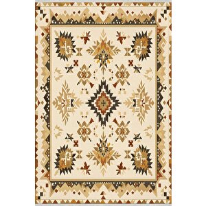 Pamuk Tabanlı Kaymaz Halı – Bej; Kahverengi; Sarı – Oriental Desen, Makinede Yıkanabilir, Kolay Temizlenebilir, Toz Ve Tüy Tutmaz, Evcil Hayvan Dostu 120x180 cm