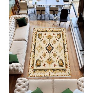 Pamuk Tabanlı Kaymaz Halı – Bej; Kahverengi; Sarı – Oriental Desen, Makinede Yıkanabilir, Kolay Temizlenebilir, Toz Ve Tüy Tutmaz, Evcil Hayvan Dostu 120x180 cm